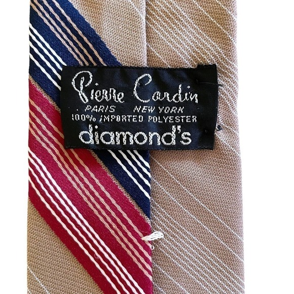 Vintage Pierre Cardin Embroidered Logo Striped Tan Polyester Tie - Picture 4 of 8